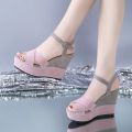 Women Ladies Mixed Colors Buckle Peep Toe Wedges Casual  platform wedge sandals fish mouth waterproof shoe. 