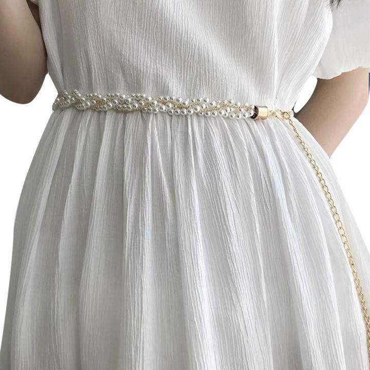 Woven Pearls Waist Chain Belt Women Metal Gold Color Belt Simple Korean Style Chain Belt Sweater Dress Decoration Chain Belt