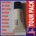 EMILY 10 IN 1 TOUR PACK FOR TRAVELERS, TRAVELING KIT, IMPORTED EYE MASK, SLEEPING MASK, EAR PLUGS, SOCKS PAIR, HAND CREAM, DAY CREAM, BODY LOTION, HAND SANITIZER, LIP BALM AND SPA RELAXING TUBE IN TRAVELING POUCH. 