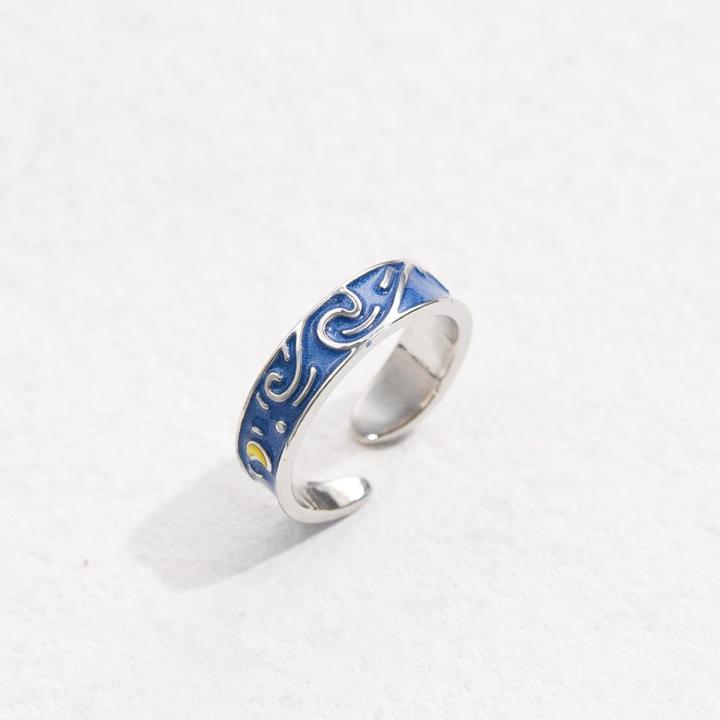 Van Gogh's Starry Star Couple Rings Personality Sigh Bridge Kiss Simple Art Drop Opening Rings for Valentine's Day Gifts