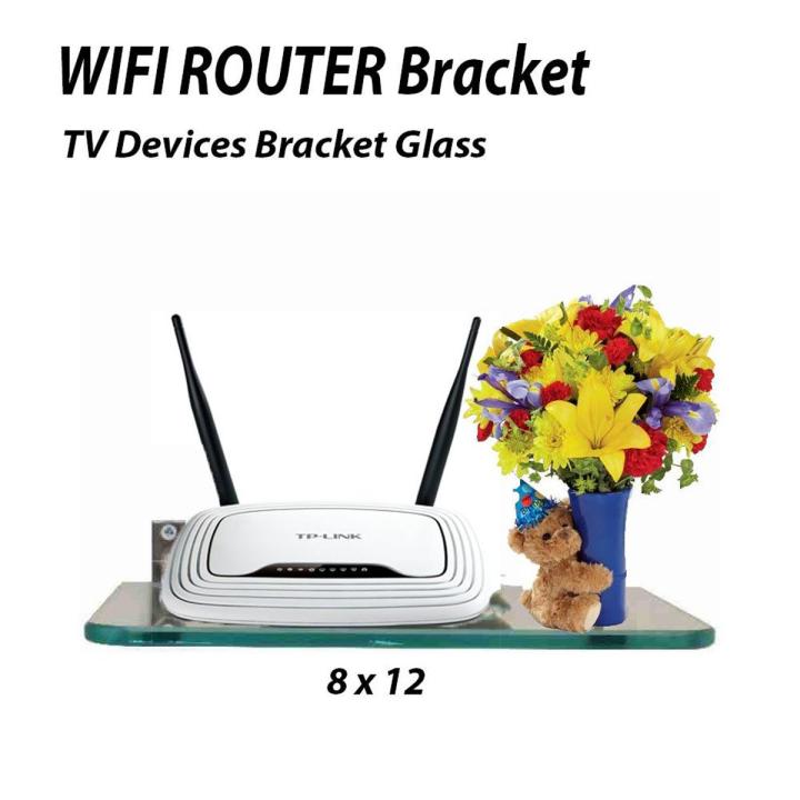 Wall Mount Storage TV Box Router Shelf Set-Top Box Bracket Holder Mini PC DVD Player Glass Glossy Finish Shelf Stand for Set top Box with F Type Heavy Bracket (Clear Transparent, 8x 12 Inches) Wi Fi Stand / Cordless Phone Stand / Wall Mount /Pooja Stand G