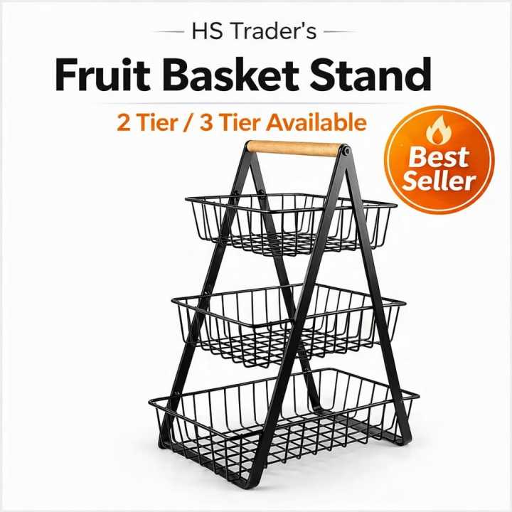 Fruit Basket Stand 2 Tier / 3 Tier Kitchen Organizer Rack | Metal Wire Storage Basket with Wooden Handle | Multi Purpose Fruits Vegetable Storage | HS Trader’s