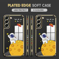 (Free Lanyard) Luxury 6D Plating Case for Samsung Galaxy S22 Plus 5G Back Cover Cute Cartoon Happy Astronaut Side Pattern Soft Silicone Square Phone Cases. 