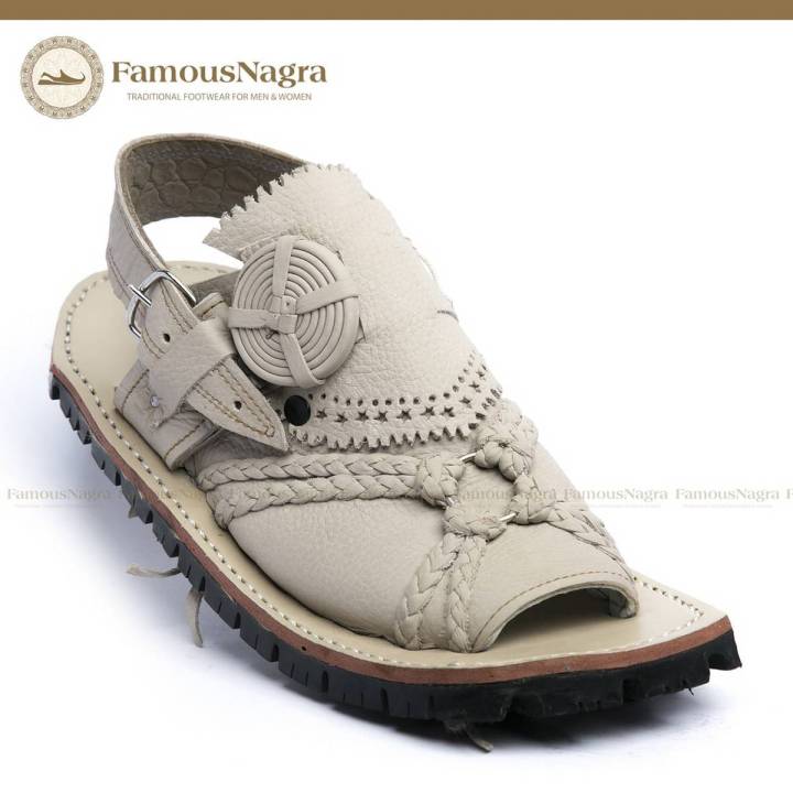 Balochi Chappal / Sandal – Chawat – Gents – Genuine Leather – Off White – Soft Insole – Thick Tyre sole – Art 728