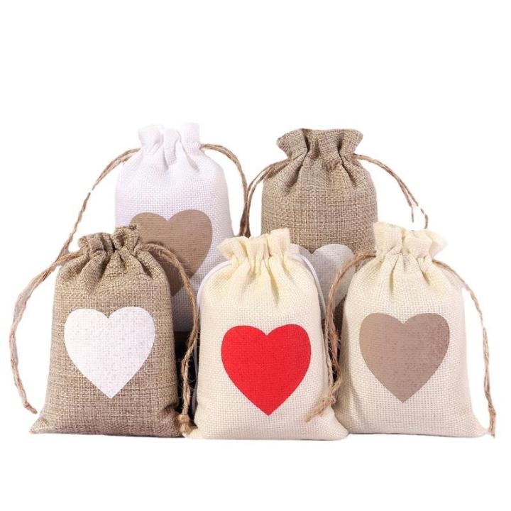 10pcs/lot White Khaki Drawstring Linen Love Gift Bag Halloween Valentine's Day Christmas Party Wrapping Bag 10x14cm Key Storag