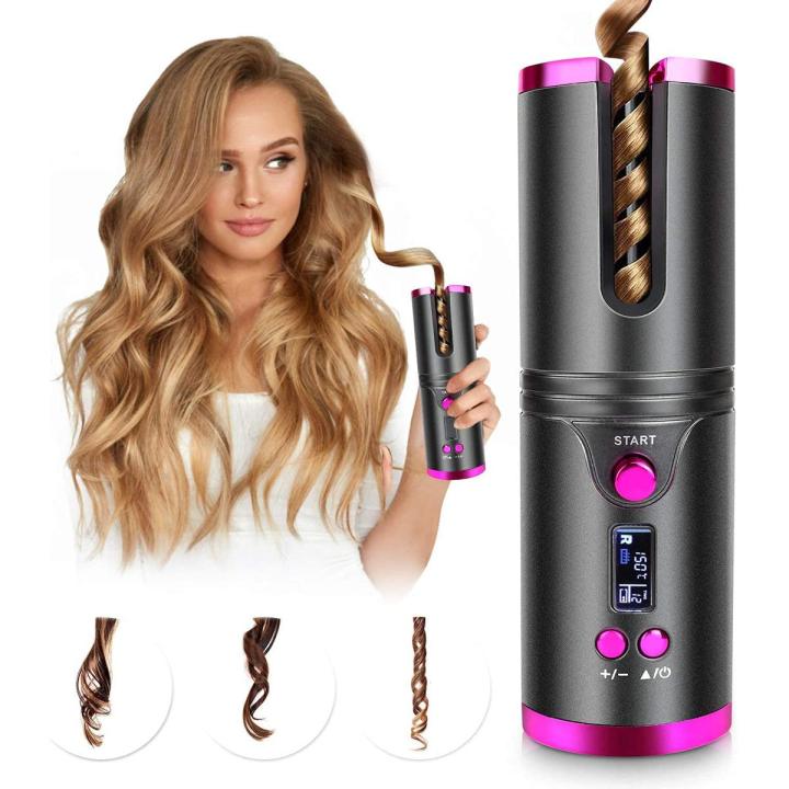 Cordless Hair Curler, Automatic Hair Curling Iron, Heatless Hair Rotating Curler with 3 Temperature & Timer Settings, Portable Rechargeable Rotating Ceramic Curling Fast Heating