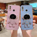 For Huawei Y7 Prime 2019 / Y7 2019 Back Cover with Cartoon Astronaut Folding Stand Luxury 6D Plating Frame Shiny Cases Soft Silicone Square Protective Mobile Phone Case. 
