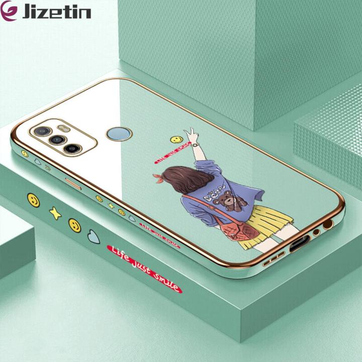 Jizetin (Free Lanyard) for OPPO A53 2020 A33 2020 Back Cover Back Girl Luxury 6D Plating Case Side Pattern Soft Silicone Square Phone Cases