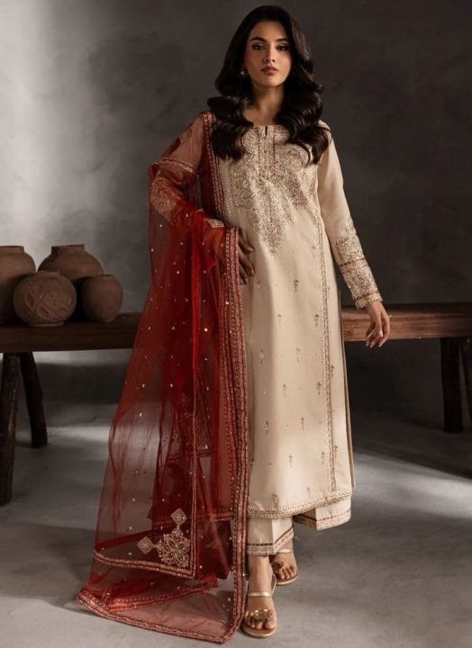 Ivory Grace Embroidered Lawn 3 Piece Ready to Wear in Off White with Deep Red Dupatta