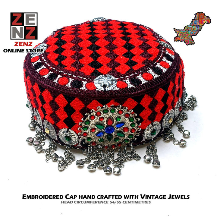 Afghan Turkish Pakistani Traditional Wear Embroidered Cap Topi with Jewellery Tribal Vintage Embroidery