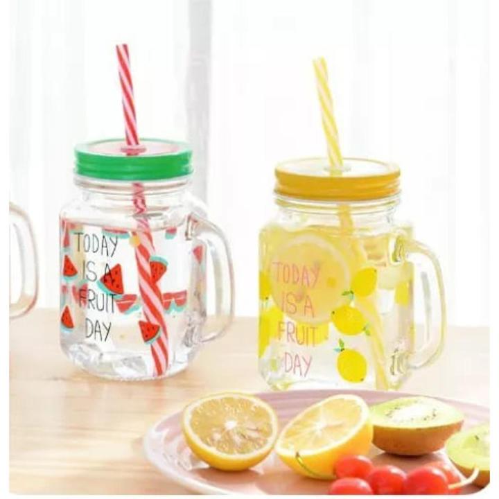 New Arrival 450ml Transparent Fruit Juice Cool Drink Glass Cup Mug Mason Jar Lemon Bottle with Cover Straw Sport Water Bottle