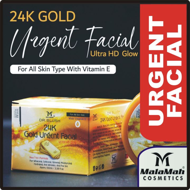 MALAMAH DR BLUSH 24K GOLD ULTRA HD GLOW URGENT FACIAL ALL IN ONE BRIGHTNING SERIES FACIAL WITH VITAMIN E FOR FACE FRESHNESS, FRECKLES, ANTI WRINKLES, DARK CIRCLES, ANTI BLACK AND WHITE HEADS, ANTIACNE, ANTI AGING, DEEP CLEANSING AND SKIN TREATMENT 100 ML