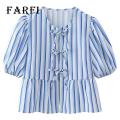 Bow Tie Front Blouse Chic Striped Print Tie-knot Ruffled Hem Top with Bow Tie Front Trendy O-neck Puff Sleeve Blouse for Streetwear Fashionistas in Asia Women Tie-knot Ruffled Babydoll Top. 