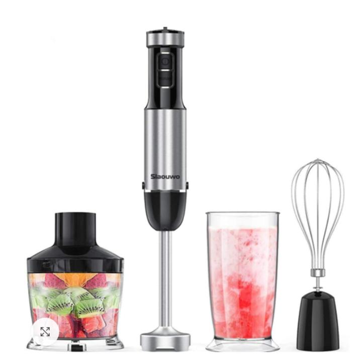 Slaouwo Hand Blender 4-in-1 Hand Immersion Blenders, Electric Hand Stick Blender with Beaker, Stainless Steel Blade, Egg Whisk for Smoothies, Soups, Sauces, Baby Food