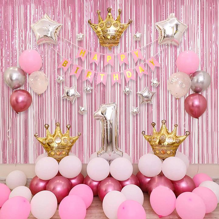 First Happy Birthday Pink Perfect Grand Theam Party Balloons For Girls B-Day Decorations-Pack Of 58