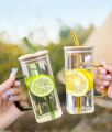 Square Glass Cup Water Bottle Glass Straw, Dustproof Bamboo Cover Handle. 