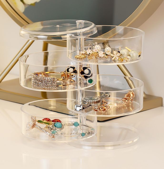 Acrylic Rotating Jewelry Organizer with Lid Transparent | Ear Rings & Necklace_Bracelets Holder | Rotating Makeup Organizer