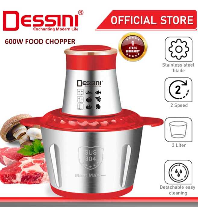 Dessini Italy Meat Grinder 3L Capsule Cutter Spin Chopper, Blender, Grinder, Mixer, Mincer, Masher, Shredder, Juicer, Pengisar Pengadun DS-977 2-Speed Control 4 Double Layer Blade 100% Pure Copper 1800Watt Motor Food Chopper Blender for Vegetables, |