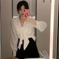 bellylady Puff Sleeve Shirts Large Bow Design Blouse, Slim Fit Lapel Colar Bottoming Shirt, Sweet Style Casual Long-sleeved Tops. 