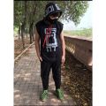 Black Vinyl Dumble Printed Gym Summer Hooded Sleeveless Tracksuit for Mens (Hooded Tshirt + Trouser ). 