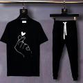 KOREAN HEART DESIGN LOGO Tracksuit Tee-shirt with trousers New BTS Design Round Neck Half Sleeves T Shirts Top Quality Gym wear/Casual and comfortable Pair Shirt and Trouser for girls/women. 