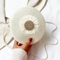 Vintage Flower Graphic Round Straw Bag Floral Decor Lightweight Shoulder Beach Bag Mini Straw Crossbody Bag. 