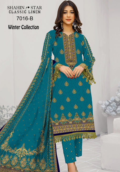 Shahin Star Classic Linen Winter Clothes for Women Unstitched 3 Piece Suit DN#7016-B