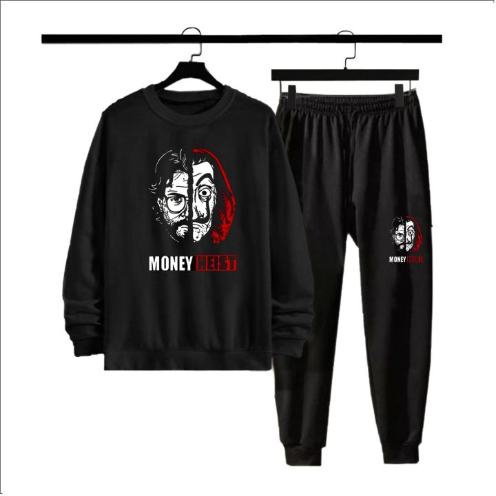 Money heist printed warm fleece sweatshirt trouser tracksuit for men Daraz.pk