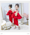 Kids baby girls bright Red summer 2 pcs top & trouser dress children set. 
