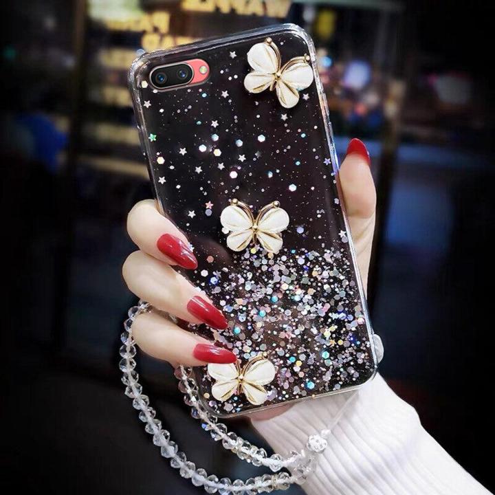 COROGI for OPPO A3s Back Cover with Crystal Wrist Strap Luxury 3D Diamond Butterfly Shiny Starry Sequins Girls Case Clear Soft Silicone Protective Phone Cases