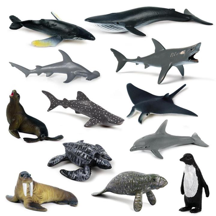 12Pcs Mini Marine Animal Giant Tooth Shark Killer Whale Blue Whale Shark Penguin Dolphin Model Toy