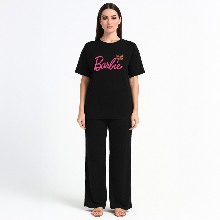 Barbie Pink/black  T-Shirt & Trouser Nightwear Set for Women & Girls | Soft Cotton Jersey Summer Sleepwear (S-XL & 7-14 Years)