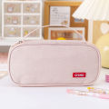 Nexvix Korean version simple hand-carried double-layer pencil case, oxford cloth solid color student stationery box, multi-function pencil case logo. 