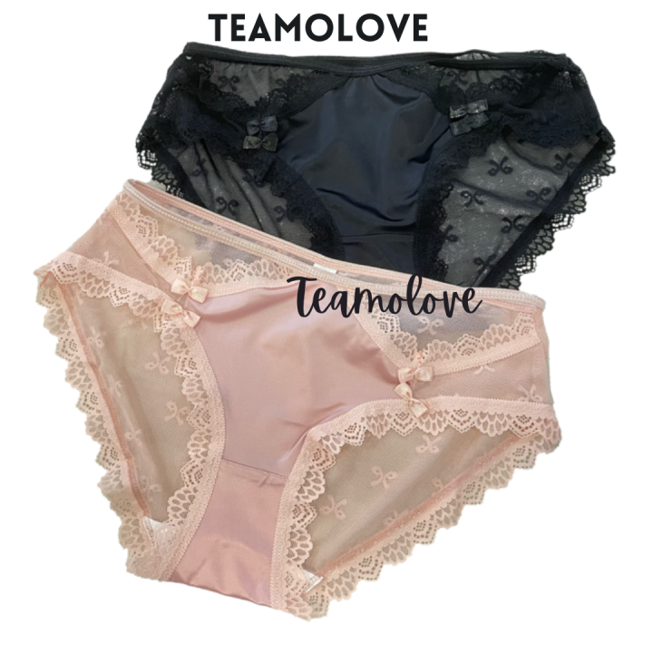 Teamolove Ready Stock Women Satin Mesh Low Waist Panties Ribbon Bow Mesh Open Hole