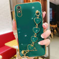 For Xiaomi Redmi 9A Back Cover with Love Heart Chain Wrist Strap Fashion Bracelet Shiny Plating Bumper Protective Case Silicone Shockproof Mobile Phone Cases. 