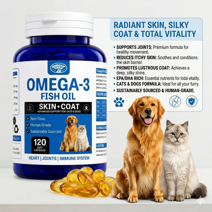 Giggly Tails - OMEGA III FISH OIL -120 CAPS -Best For Coat Shine and Hair Growth - For Dog & Kittens , puppy's and kitten