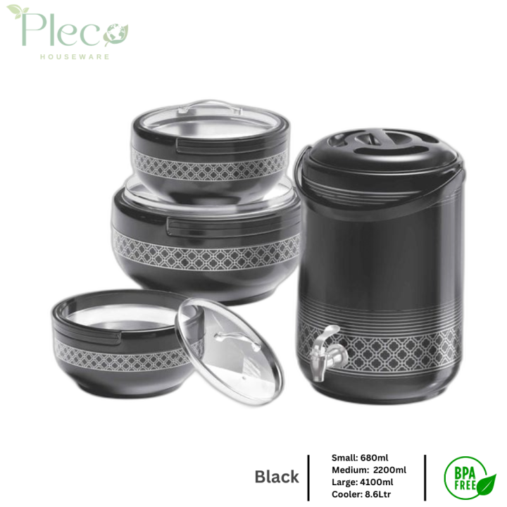 Hotpot | Insulated Hotpot Food Warmer - 4 pcs hotpot gift set - 4 Pcs GIFT PACK Brighton 3 Hot Pot Set +1 piece Water Cooler 9 Litre in Gift Packing - storage hot pot - stainless steel inner bowl - food warmer hot pot with glass lid - BPA Free Hot pot