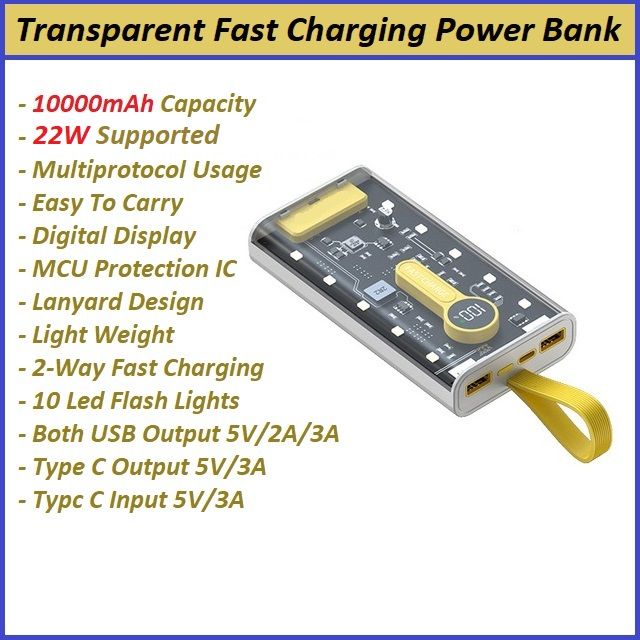 PD20 22W Fast Charging Power Bank 10000mAh Portable USB C Transparent External Auxiliary Battery PowerBank