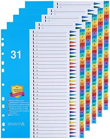 Office file Separators 10, 20, 26 and 31 Plastic Dividers 6 different colors Size: 22.5 x 29.7cm  A4, Multicolor