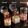 Acrylic Makeup Brush Holder With Pearls, Cosmetic Brush Case With Dustproof Lid, Countertop Brushes Holder. 