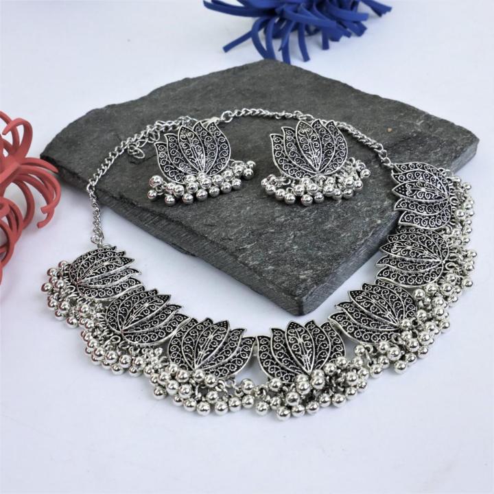 Antique Silver Afghani Choker Necklace With Earrings For Women & Girls & Pendants For Ladies / Latest Choker Jewelry Set