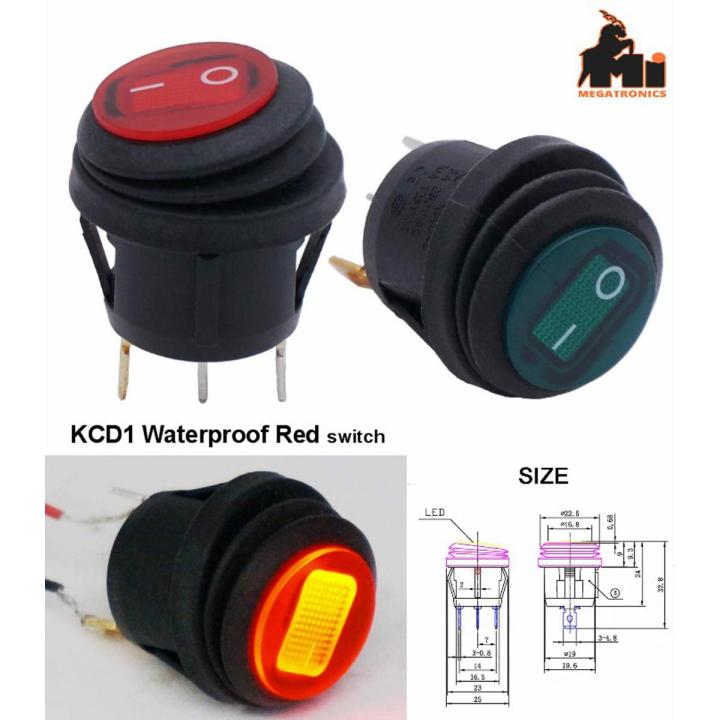SPST 3 Pins ON OFF Waterproof Round Rocker Toggle Switch Red LED Light KCD1-5-10