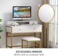 Modern White Gold Makeup Vanity Set with Round Mirror, Cushioned Stool, and 4 Drawers - Dressing Table with Mirror and Tufted Stool, Wooden Dressing, Vanity Table and Stool Set, Dressing Table Dresser Desk. 