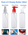 Pack of 3 Empty Plastic Spray Pump and Push Bottle. 