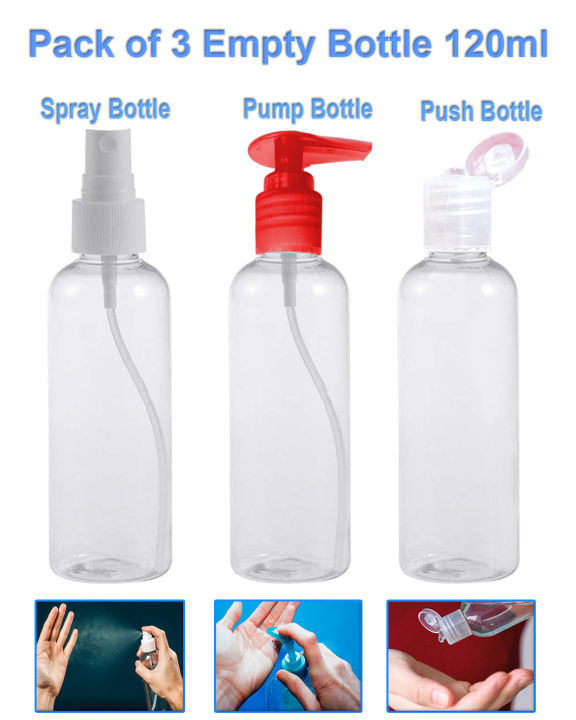 Pack of 3 Empty Plastic Spray Pump and Push Bottle