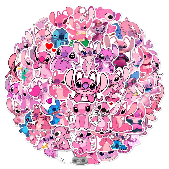 50pcs Kawaii Disney Lilo Stitch Angel Stickers Cute Pink Anime Character Sticker DIY Phone Diary Luggage Graffiti Decals