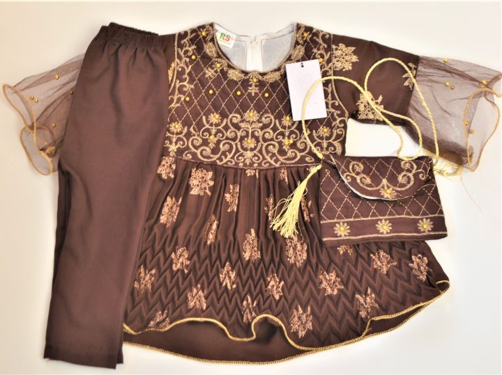 Baby Girl Stylish Eid and Wedding Dress For 1 to 6 year Frock and Pajama in Brown Color