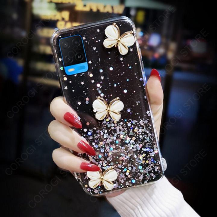 For OPPO A54 4G Back Cover Luxury 3D Diamond Butterfly Shiny Glitter Gold Foil Space Starry Cases Clear Soft Silicone Bumper Mobile Phone Case for Girls Boy