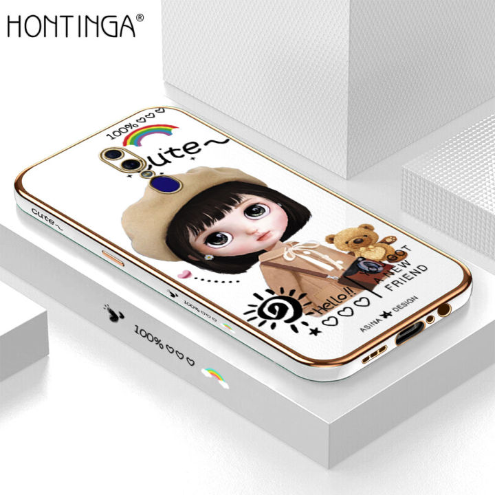 Hontinga for OPPO F11 Back Cover Luxury 6D Plating Cartoon Satchel Girl Side Pattern Case Soft Silicone Square Mobile Cover