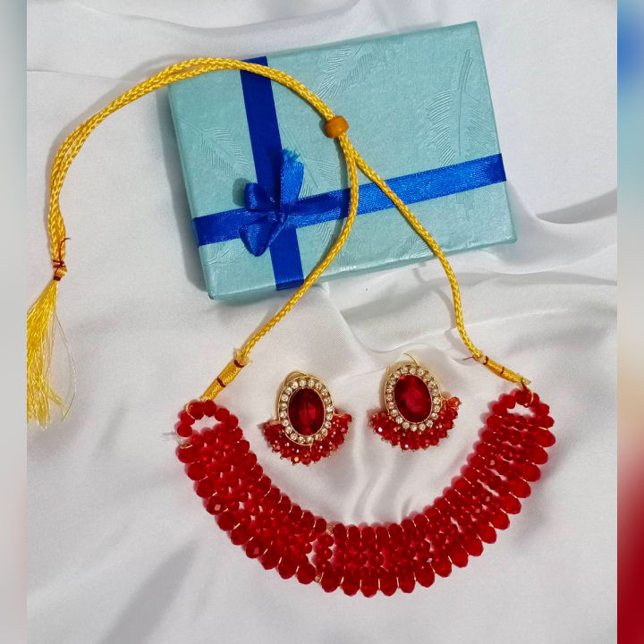 Affordable Red Necklace Set With Stud Earrings Packed In Jewelry Box
